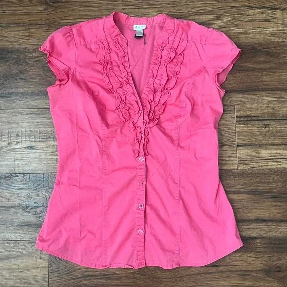 Dynamite Y2K Short Sleeve Blouse Fitted Ruffle Lightweight Women M 2000s Office - Picture 2 of 7